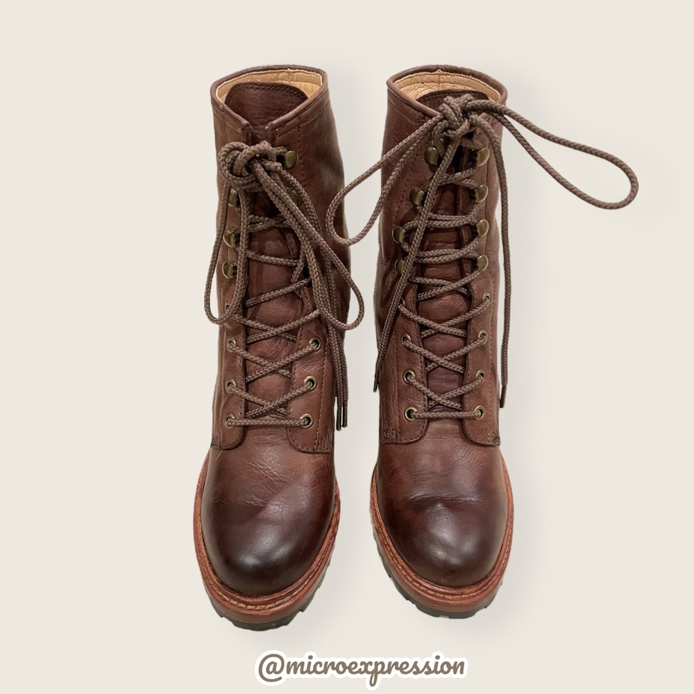 $498 Frye Lucy Vintage Lace-Up Distressed Cognac Brown Leather Heeled Ankle Boot - Picture 6 of 11